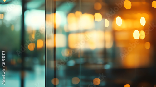 Abstract blurred background of a modern cafe with warm light bokeh reflection on glass surface