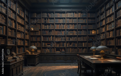 bookshelf in a dark university library room with old books and a cozy atmosphere
 photo