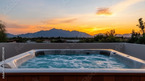 Hydrotherapy for beauty and wellness at the spa Relaxing hot tub with sunset and mountains in the background.