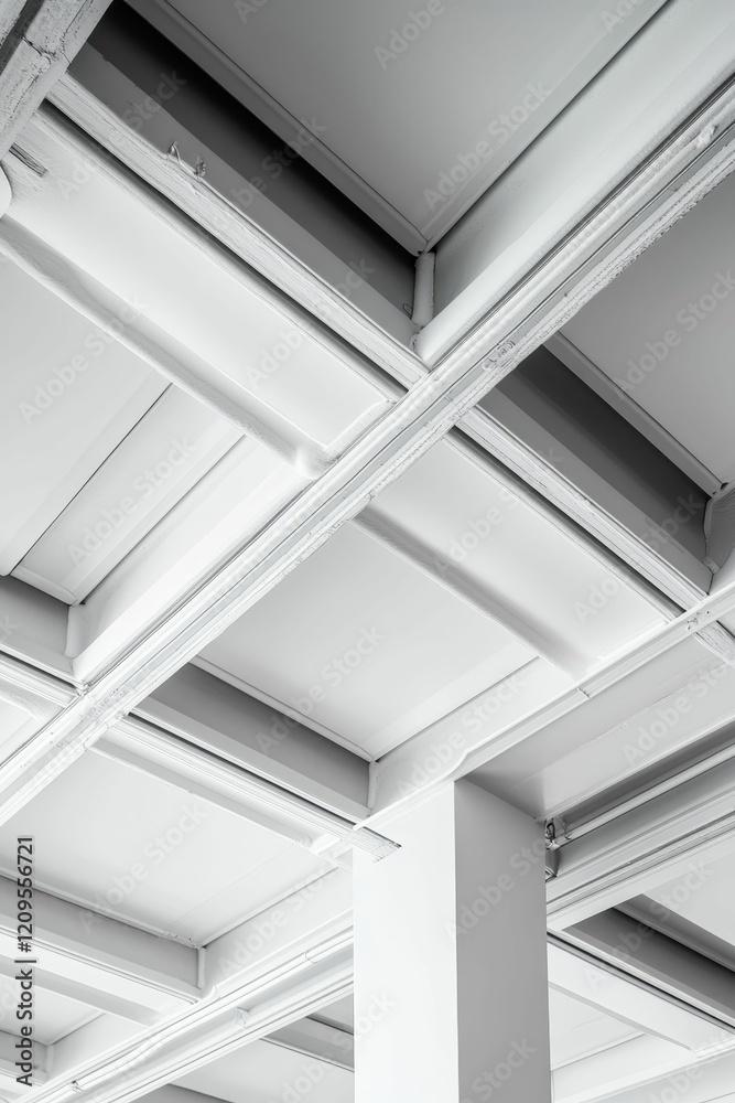 Obraz premium White ceiling grid with beams and vertical column.