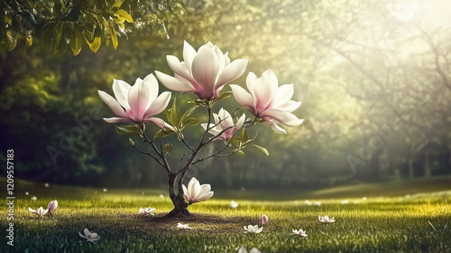 Small flowering magnolia bush in the garden, vibrant blooms creating a serene and picturesque atmosphere photo