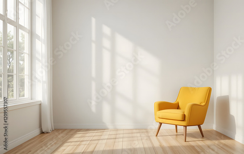 living room interior features a yellow armchair against a white wall photo