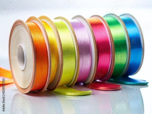 Minimalist White Background: Colorful Ribbon Reels for Crafts & Design photo