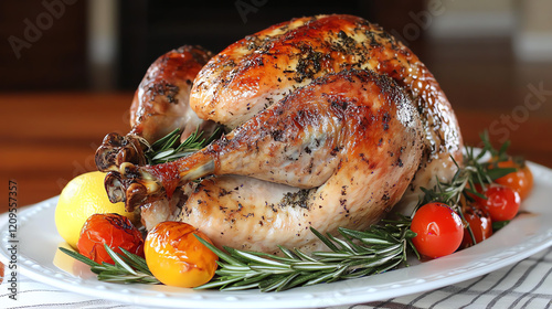 Deliciously Roasted Thanksgiving Turkey Garnished with Fresh Herbs and Vegetables