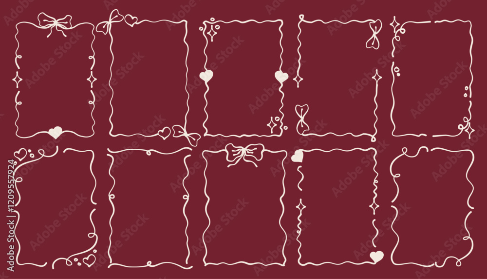 Naklejka premium Vintage coquette frame with heart and star. Coquette style for valentine day and romantic design. Cute frame, wavy line and elegant bow. Vector illustration