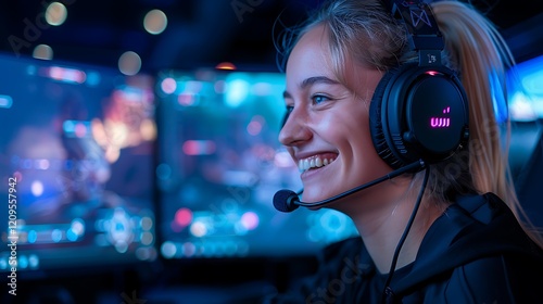 Happy gamer girl playing video games at night.  Use Esports, streaming, gaming