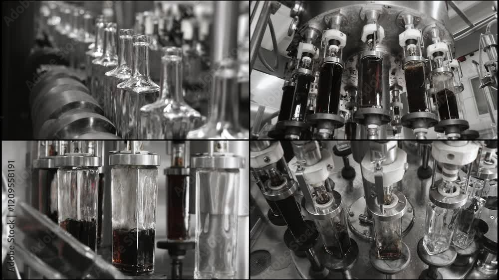 Multi Screen Collage of automatic line for bottling drinks at the plant. Glass bottles are automatically filled with liquid. Bottling line for drinks, water and lemonades at the plant. Multi Screen Collage of automatic line for bottling drinks at the plant. Glass bottles are automatically filled with liquid. Bottling line for drinks, water and lemonades at the plant.