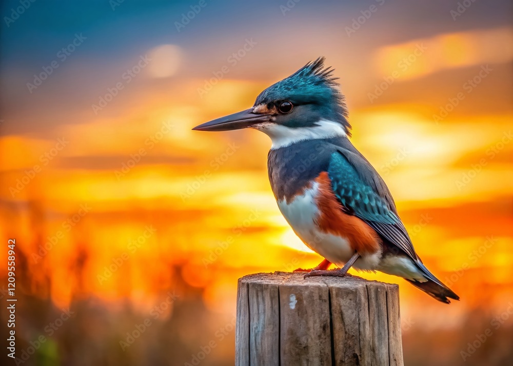 Fototapeta premium Belted Kingfisher Sarasota Florida Sunset Piling Bird Wildlife
