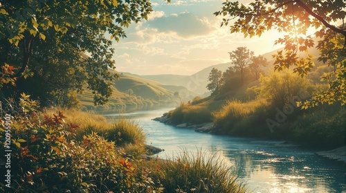 Peaceful river flowing through a serene mountain valley at sunrise. Golden hour light illuminates the landscape, creating a tranquil and idyllic scene. Perfect for travel, nature, and environmental th