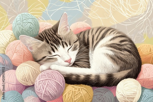 A tabby kitten sleeps soundly amidst pastel yarn balls photo