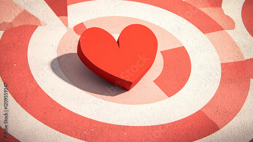 A vibrant red heart rests on a series of textured concentric circles in shades of red and white, creating a dynamic and modern Valentine's Day design that symbolizes love and connection. photo