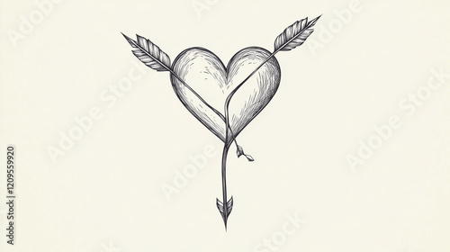 A hand-drawn heart pierced by two crossing arrows with delicate feather details, symbolizing love and connection in a minimalist and artistic Valentine's Day design. photo