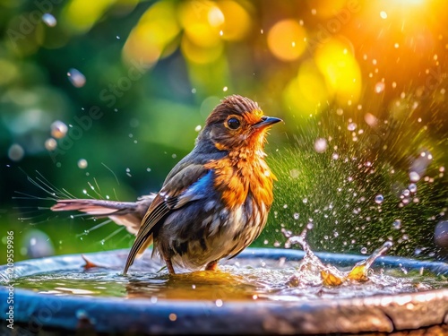 Bird Bathing in Birdbath - Summer Splash - Bokeh Effect Stock Photo