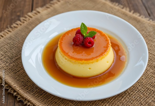 Flan with Caramel Sauce and Fresh Raspberries