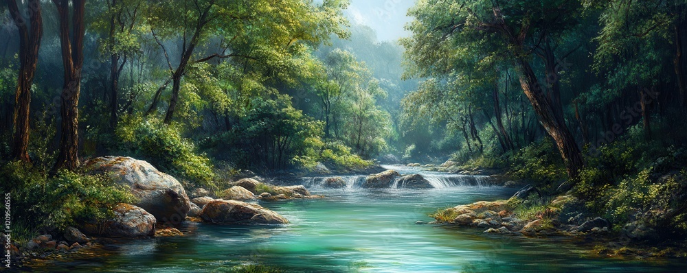Scenic river winding through a dense forest, tranquil and green. Scenic river winding through a dense forest, tranquil and green.