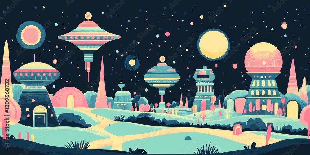 Fototapeta premium Alien Cityscape Underneath A Starry Night Sky