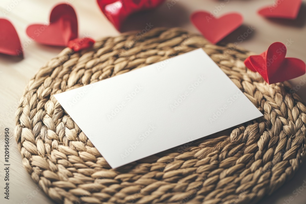 Blank Card Surrounded by Paper Hearts on Natural Woven Mat Blank Card Surrounded by Paper Hearts on Natural Woven Mat