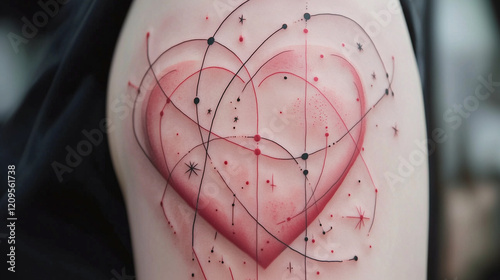 A contemporary tattoo of a heart with red and black gradient shading, surrounded by intersecting lines, dots, and star motifs, creating a cosmic and romantic Valentine’s Day design. photo