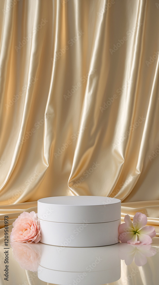 White display stand framed by soft pastel peach peonies and golden accents for upscale product marketing and promotion Realistic 3D Podium for Mockup White display stand framed by soft pastel peach peonies and golden accents for upscale product marketing and promotion Realistic 3D Podium for Mockup