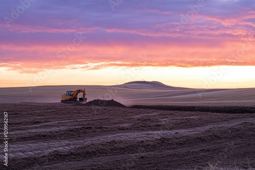 An excavator is digging in the ground, against a beautiful sky at sunset. In front of it stands an empty field with brown soil and small hills.