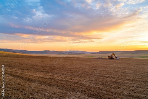 An excavator is digging in the ground, against a beautiful sky at sunset. In front of it stands an empty field with brown soil and small hills.