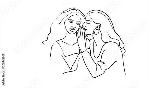 Women's gossip line art, two girls chatting continuous line art drawing isolated on white background. News, conversations.  Vector illustration	