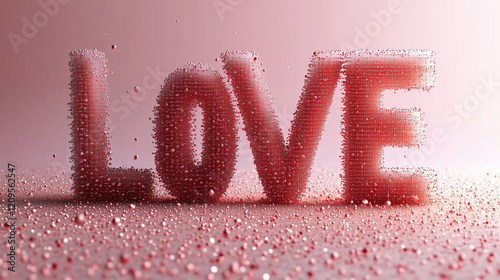 The word LOVE is formed in bold 3D typography, composed of thousands of tiny shimmering particles, set against a gradient pink background, evoking an artistic and romantic Valentine’s Day vibe. photo