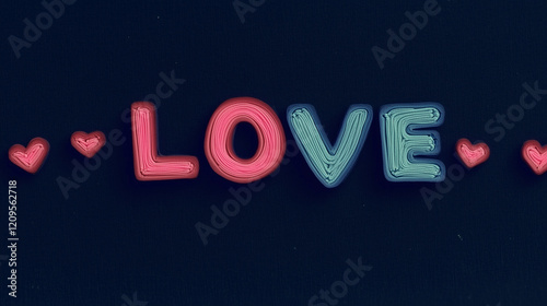 The word LOVE in a neon-inspired design with vibrant pink and blue tones, surrounded by heart-shaped accents, set against a textured dark background, evoking a playful Valentine’s Day theme. photo