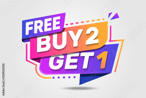 Buy 2 get 1 free badge. Banner with offer badge. Modern sales concept design. 