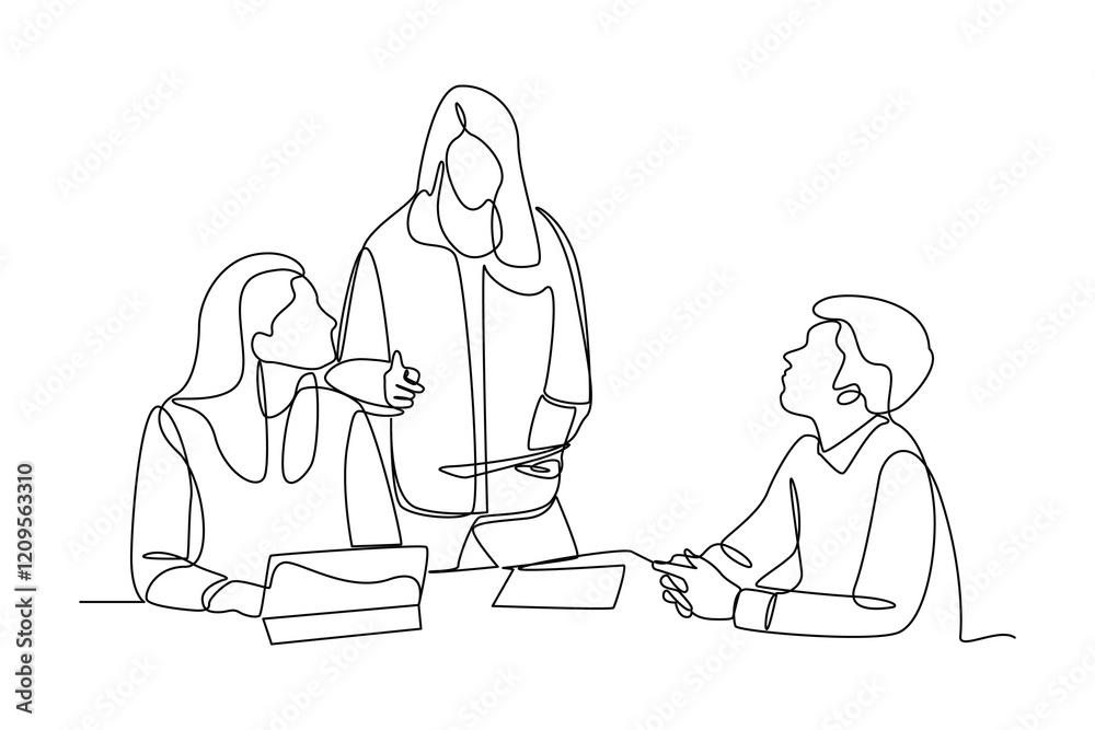 simple continuous line draw of business team discussing together. Business team work minimalist concept. simple continuous line draw of business team discussing together. Business team work minimalist concept.