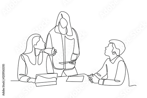simple continuous line draw of business team discussing together. Business team work minimalist concept.