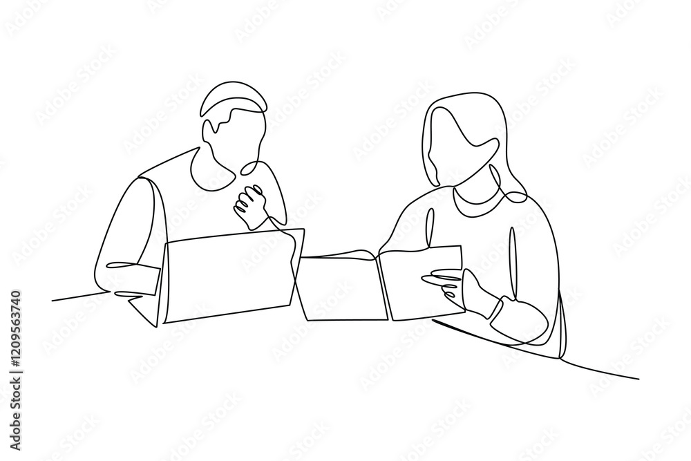 simple continuous line draw of men and women form business teams and discuss. Business team work minimalist concept. simple continuous line draw of men and women form business teams and discuss. Business team work minimalist concept.