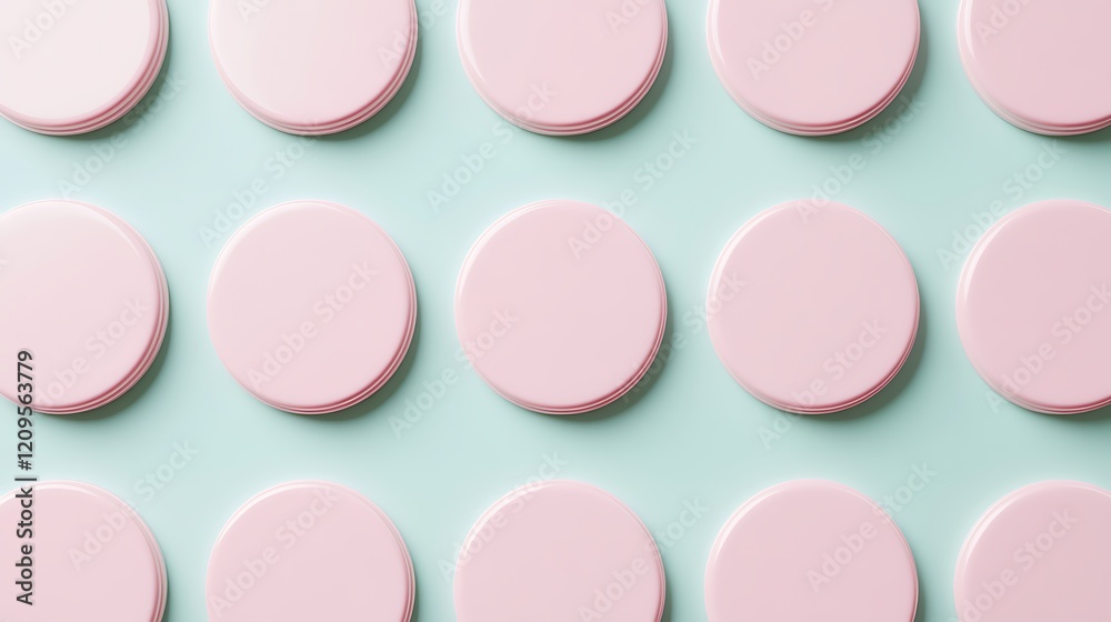 Soft Pink Round Discs Arranged Symmetrically on Light Blue Background for Creative Design and Aesthetic Projects Soft Pink Round Discs Arranged Symmetrically on Light Blue Background for Creative Design and Aesthetic Projects