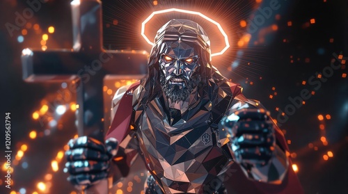 Futuristic Jesus Christ, digital art, low-poly, cyberpunk, metallic, glowing eyes, halo, religious, fantasy, sci-fi, AI, artificial intelligence, concept art