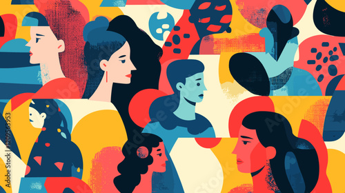 Silhouette profile group of men and women of diverse culture. Diversity multi-ethnic and multiracial people. Concept of racial equality and anti-racism. Multicultural society. Friendship