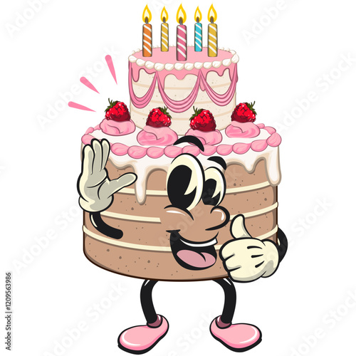 cute birthday and weading tart cake cartoon character mascot wave your hand and give a thumbs up sign, work of hand drawn