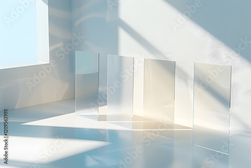 Three A4 clear brochures mockup casting soft shadows, photorealistic style. Generative Ai.