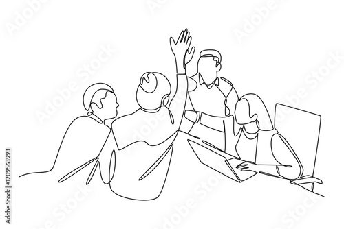 simple continuous line draw of business team celebrating success. Business team work minimalist concept.