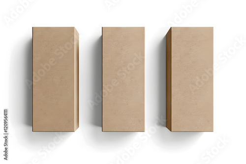three cardboard rectangular packaging boxes mockups isolated on a clean white background. Generative Ai.