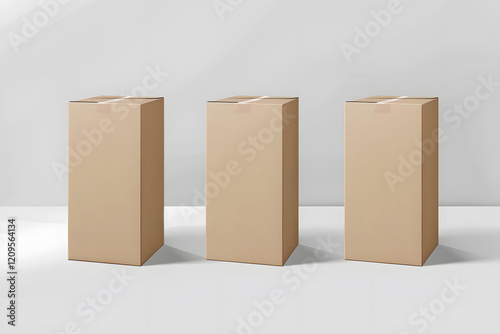 three cardboard rectangular packaging boxes mockups isolated on a clean white background. Generative Ai.