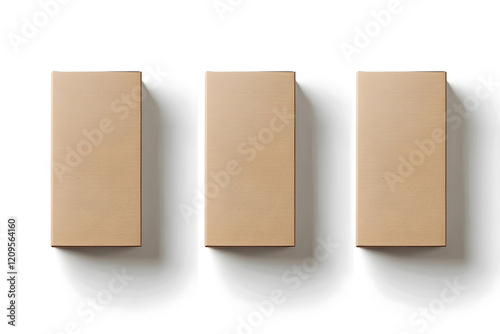 three cardboard rectangular packaging boxes mockups isolated on a clean white background. Generative Ai.