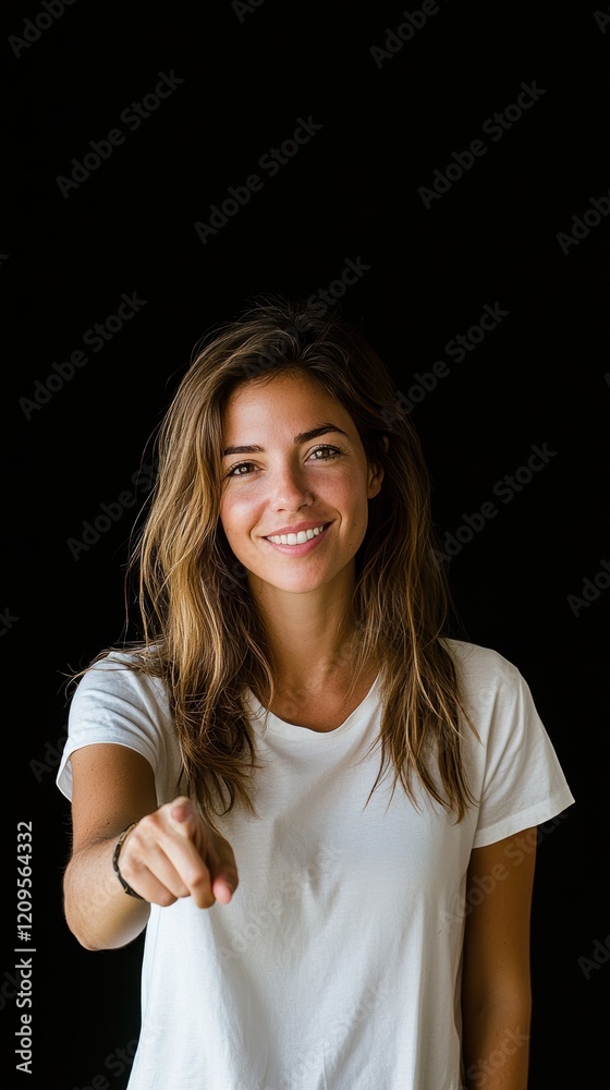Smiling woman in white tshirt against minimal black background Smiling woman in white tshirt against minimal black background