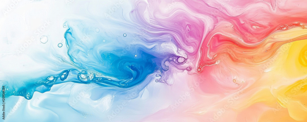 Fototapeta premium Bright colors swirl in fluid liquid painting, showcasing vibrant hues of blue, pink, and yellow. dynamic movement evokes sense of creativity and energy