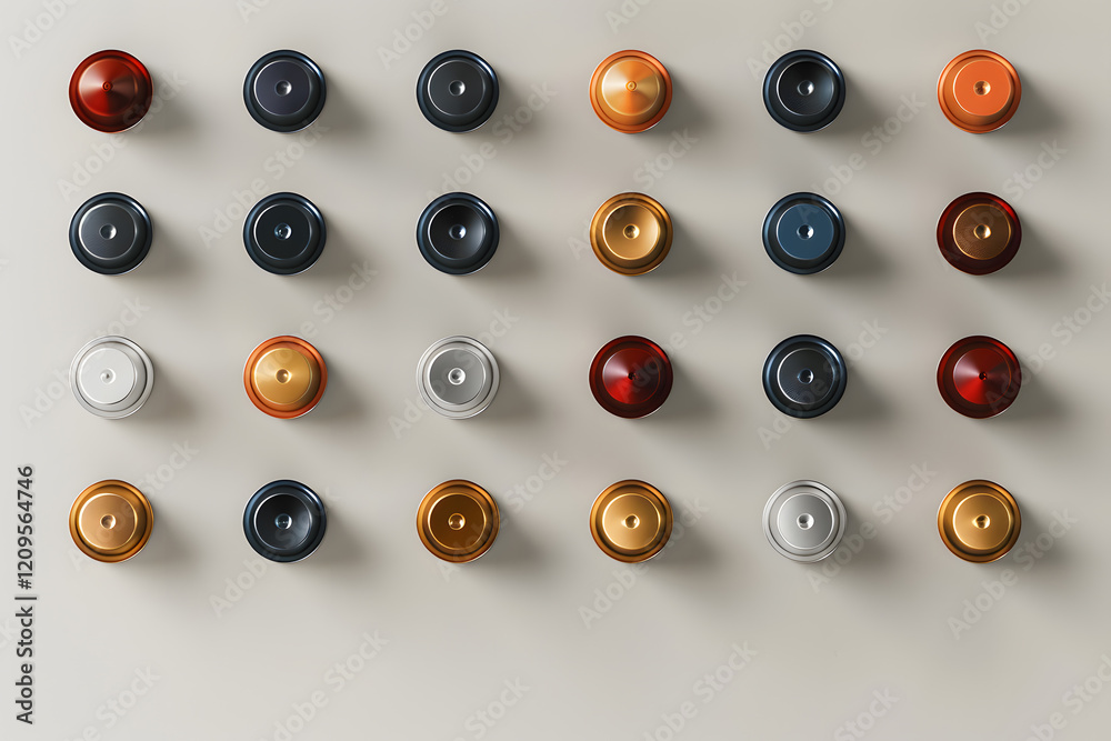 Top view of a coffee capsules mockup set, showcasing various designs and colors. Generative Ai. Top view of a coffee capsules mockup set, showcasing various designs and colors. Generative Ai.