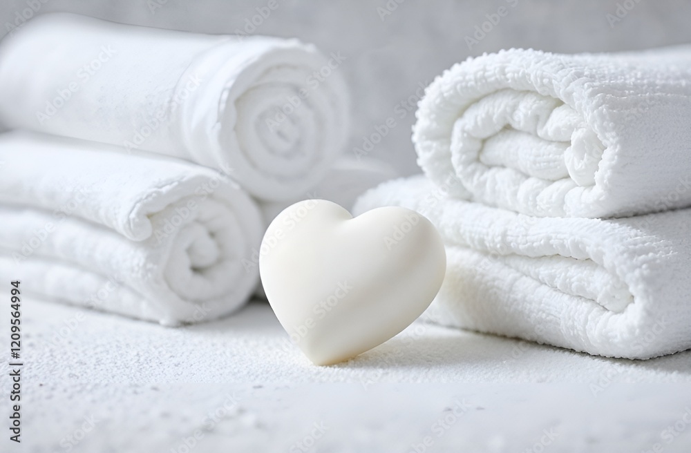 White soap in the shape of a heart lies next to white towels against the background of the salon spa. Atmosphere for relaxation, concept for spa retreats, beauty salons. Valentine's Day. Mother's Day White soap in the shape of a heart lies next to white towels against the background of the salon spa. Atmosphere for relaxation, concept for spa retreats, beauty salons. Valentine's Day. Mother's Day