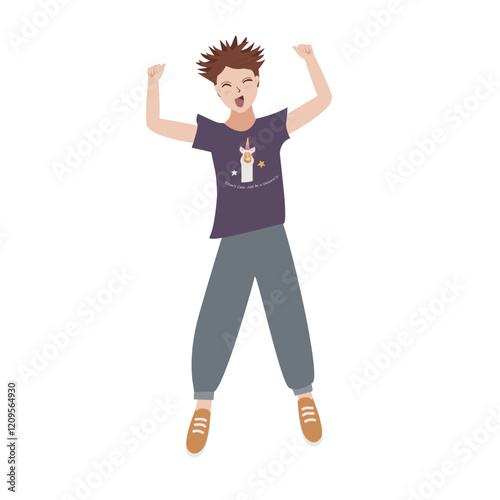 Happy jumping kid with a winner sign. Vector isolated illustration.