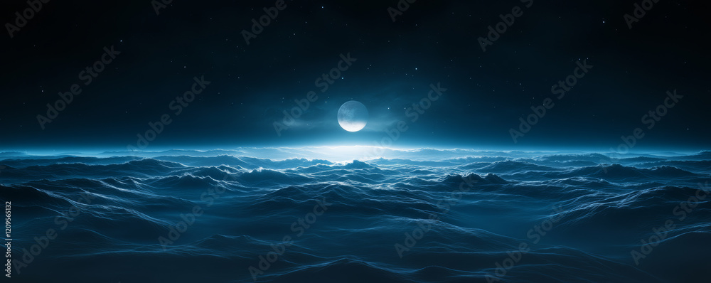 Fototapeta premium serene night sky with glowing moon over dark blue ocean waves, creating tranquil atmosphere. scene evokes sense of calm and wonder