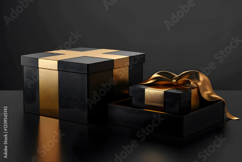 Two elegant black boxes mockup, one opened and one closed, adorned with luxurious golden wrapping paper,. Generative Ai.