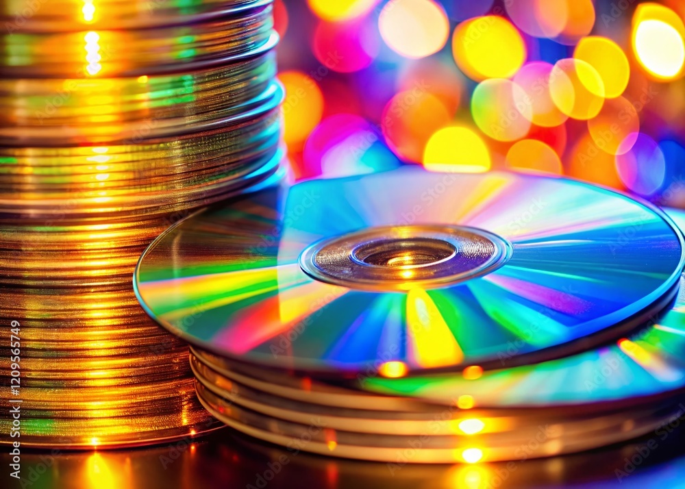 Bokeh Lights on Stack of CDs, Retro Music Background Bokeh Lights on Stack of CDs, Retro Music Background