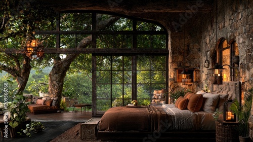 Fototapeta Naklejka Na Ścianę i Meble -  Luxurious stone bedroom, jungle view, sunrise, tranquil escape. Ideal for travel, home decor